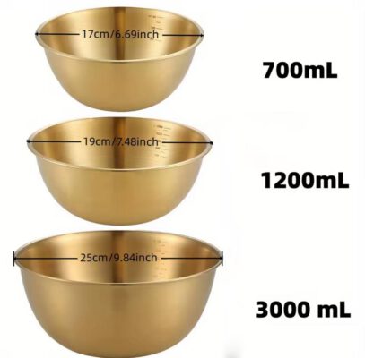 3 קערות נירוסטה מוזהבות עם מידות