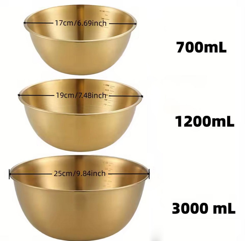 3 קערות נירוסטה מוזהבות עם מידות